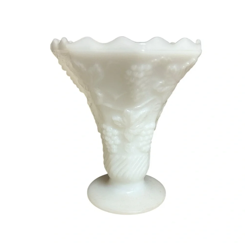 Vintage Milk Glass vase Grape Vine Scalloped Edge Fluted Pedestal